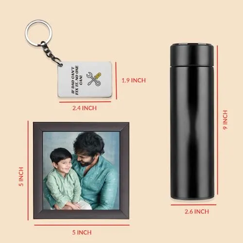 CONFETTI GIFTS Father's Day Gift for Dad | Pack of 3 Items- Personalised Black Frame(5x5 Inch), Temperature Bottle 450ml, Best Dad Acrylic Keychain (6.5 x 5cm) | Gift for Man