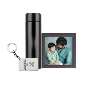 CONFETTI GIFTS Father's Day Gift for Dad | Pack of 3 Items- Personalised Black Frame(5x5 Inch), Temperature Bottle 450ml, Best Dad Acrylic Keychain (6.5 x 5cm) | Gift for Man
