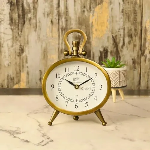 CRAPLE Aluminium Metal Round Silver Finish Table Analog Clock (Gold, Dia: 6 Inch) Desk Clock Handmade Vintage Style|Beautiful Clock Roman Number