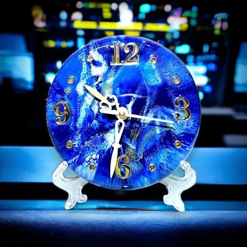 Decorative Glass Table Clock, 30 cm Diameter, Blue and Gold (14 INCH)