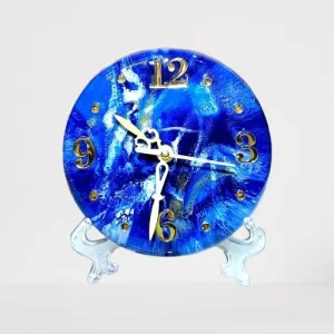 Decorative Glass Table Clock, 30 cm Diameter, Blue and Gold (14 INCH)