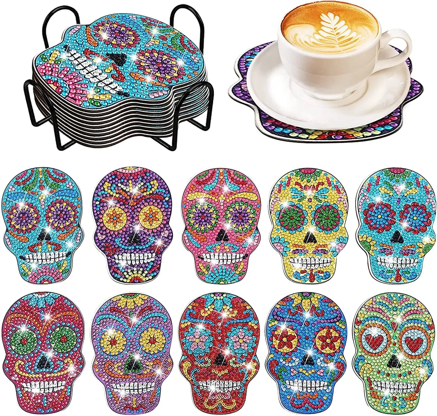 DIY Abstract Diamond Art Coasters, 10 Piece Set With Holder, Aztec Skull Art