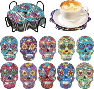 DIY Abstract Diamond Art Coasters, 10 Piece Set With Holder, Aztec Skull Art