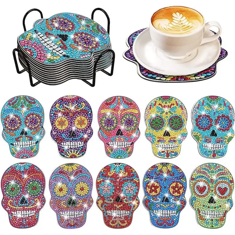 DIY Abstract Diamond Art Coasters, 10 Piece Set With Holder, Aztec Skull Art
