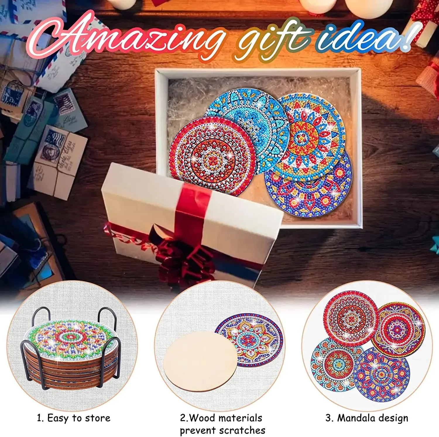 DIY Abstract Diamond Art Coasters, 10 Piece Set With Holder, Aztec Skull Art