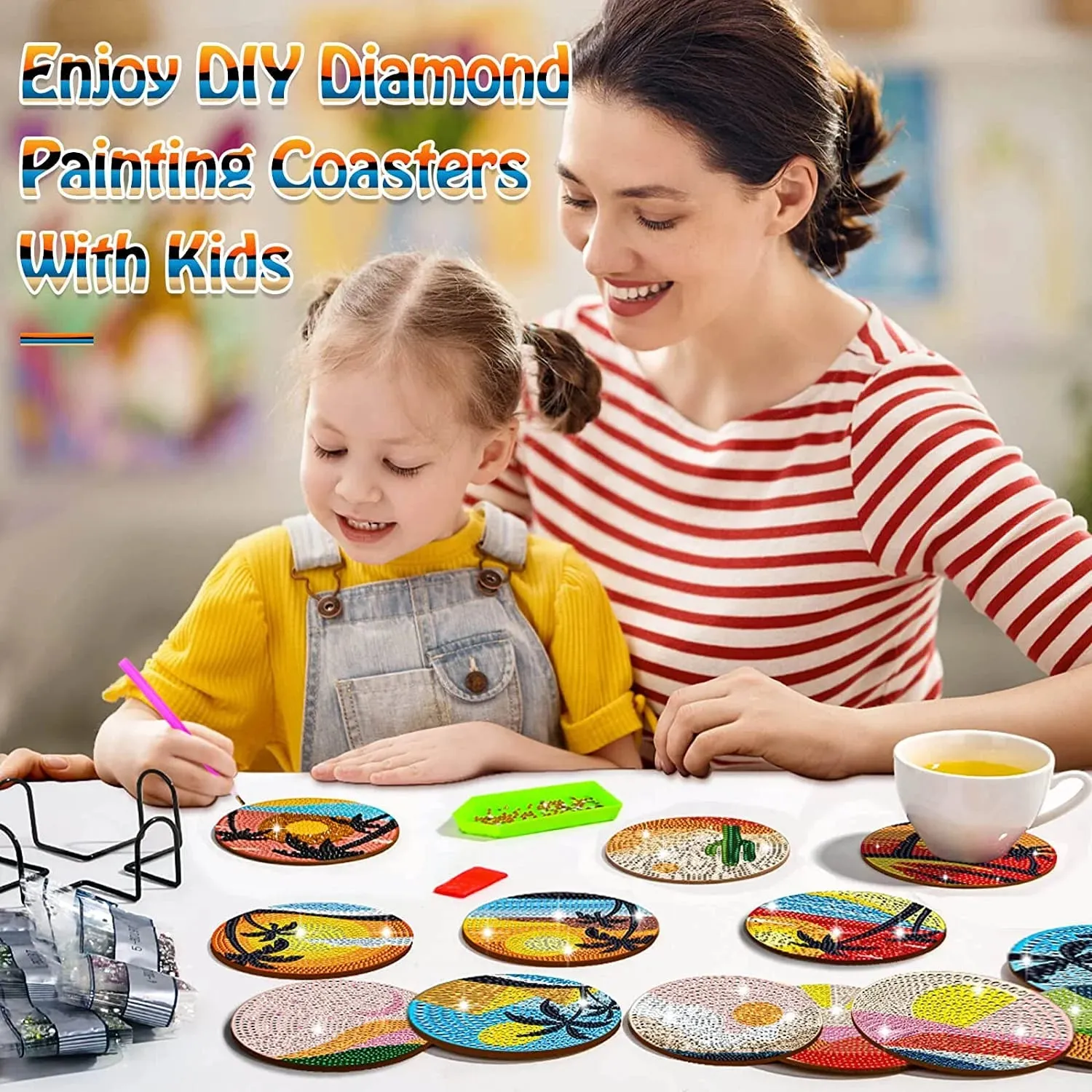 DIY Abstract Diamond Art Coasters, 10 Piece Set With Holder, Aztec Skull Art