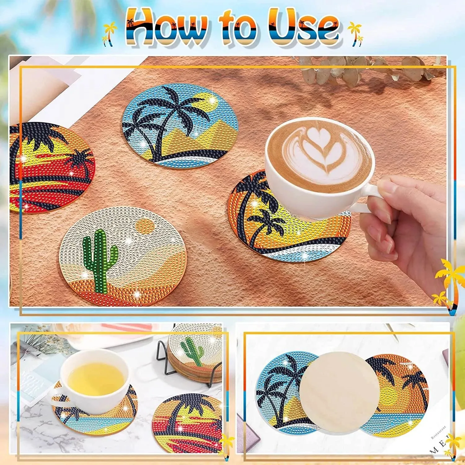 DIY Abstract Diamond Art Coasters, 10 Piece Set With Holder, Aztec Skull Art