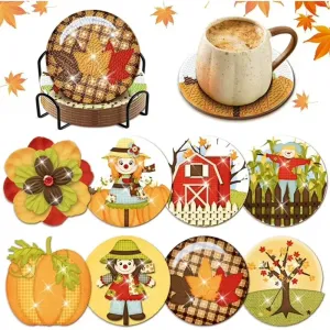 DIY Fall Diamond Art Coasters, 8 Piece Set With Holder, Autumn Diamond Decoration