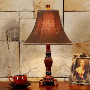 Dragonfly Pattern Desk Lamp in Red Brown with Fabric Bell Shade – Rural Style Table Light