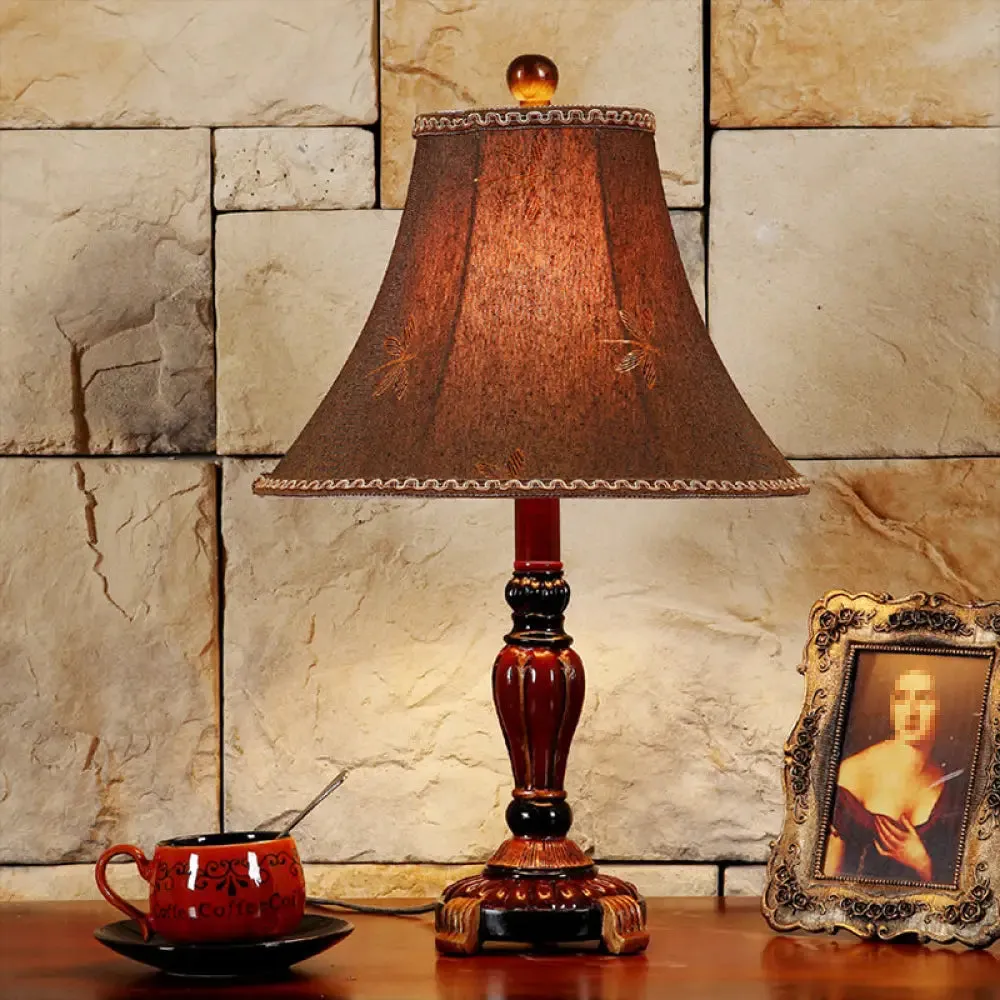 Dragonfly Pattern Desk Lamp in Red Brown with Fabric Bell Shade – Rural Style Table Light