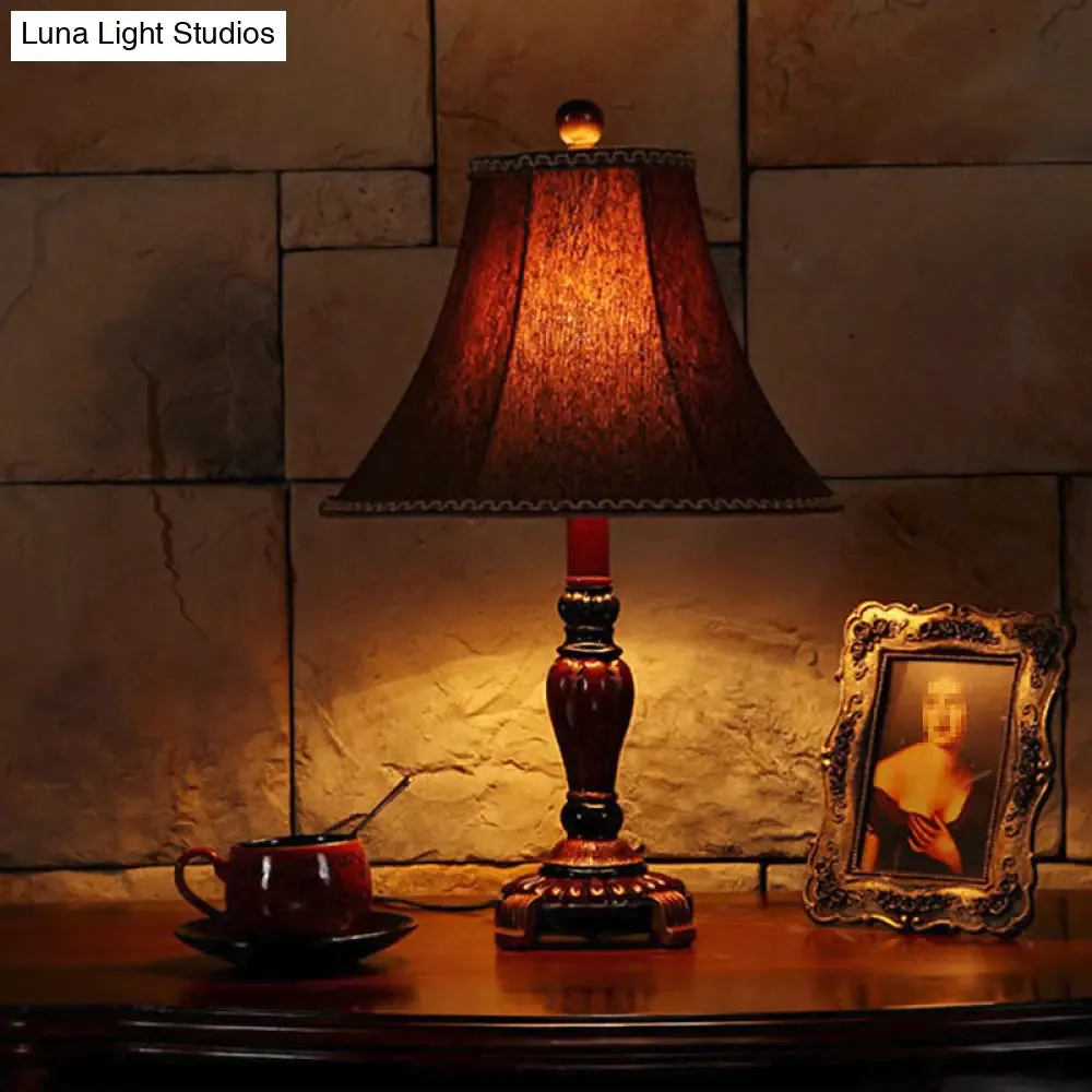 Dragonfly Pattern Desk Lamp in Red Brown with Fabric Bell Shade – Rural Style Table Light