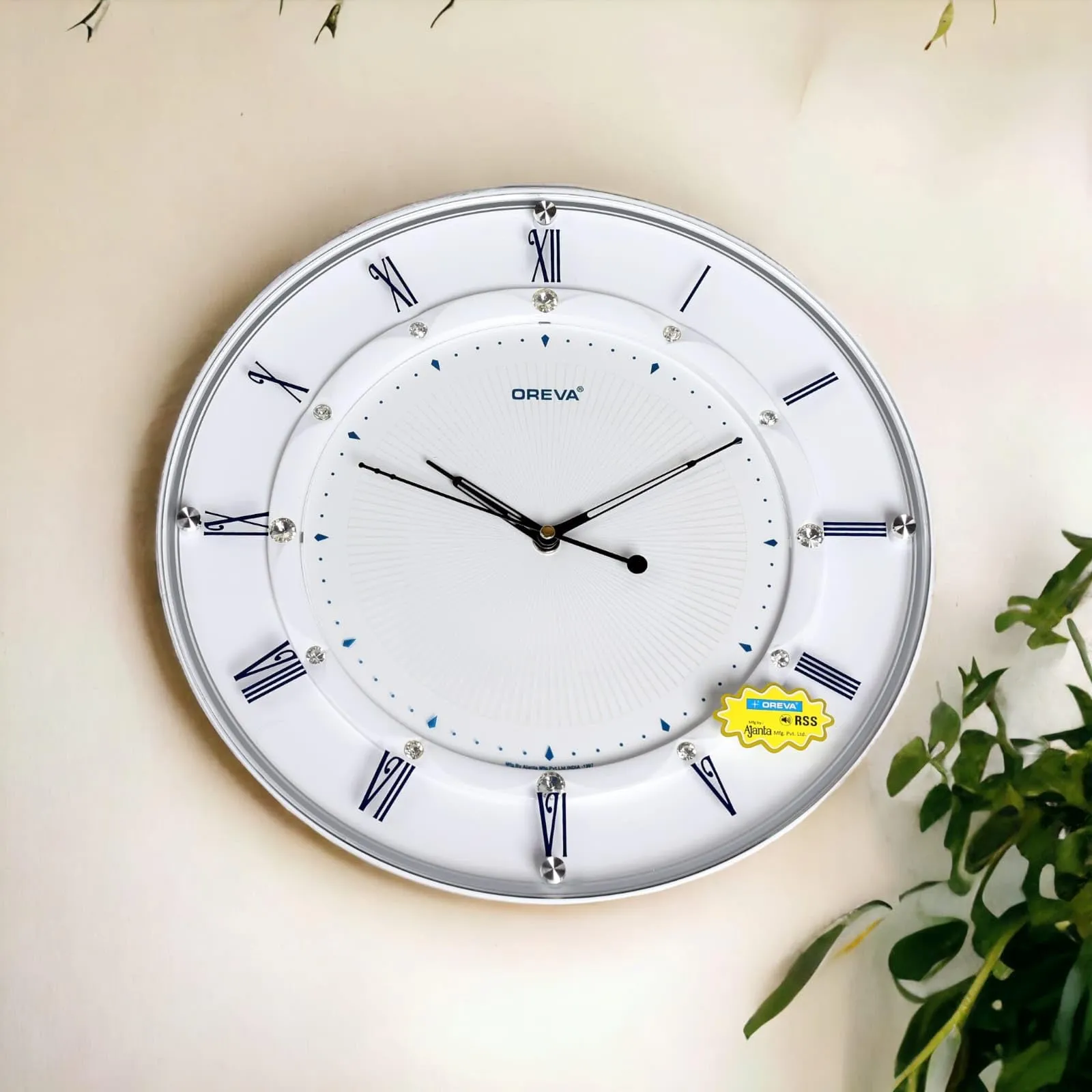 Elegance and Timelessness Combined: Oreva Unique Design Sweep Wall Clock - Exquisite Glass White Clock Adorned with Sparkling Stones