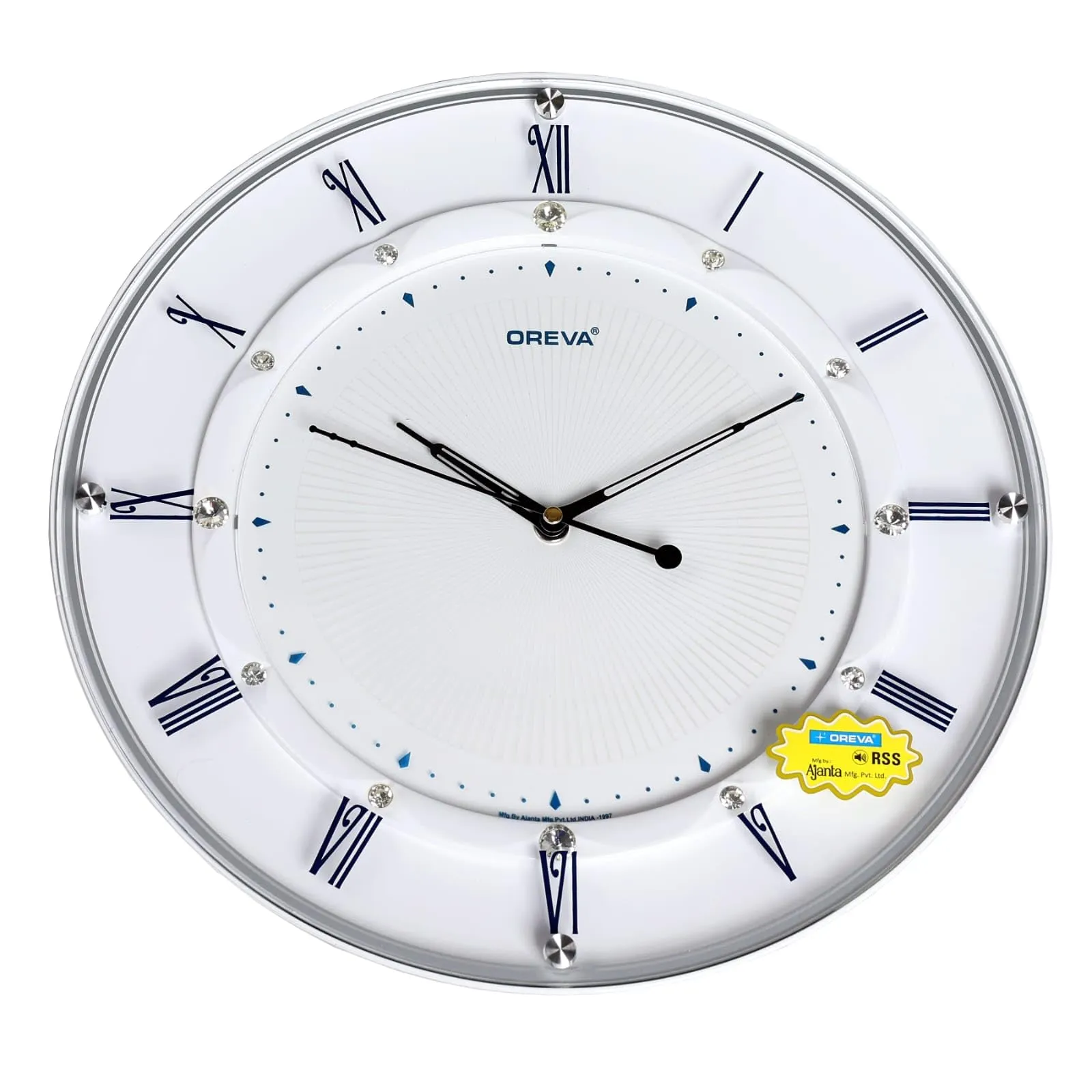 Elegance and Timelessness Combined: Oreva Unique Design Sweep Wall Clock - Exquisite Glass White Clock Adorned with Sparkling Stones