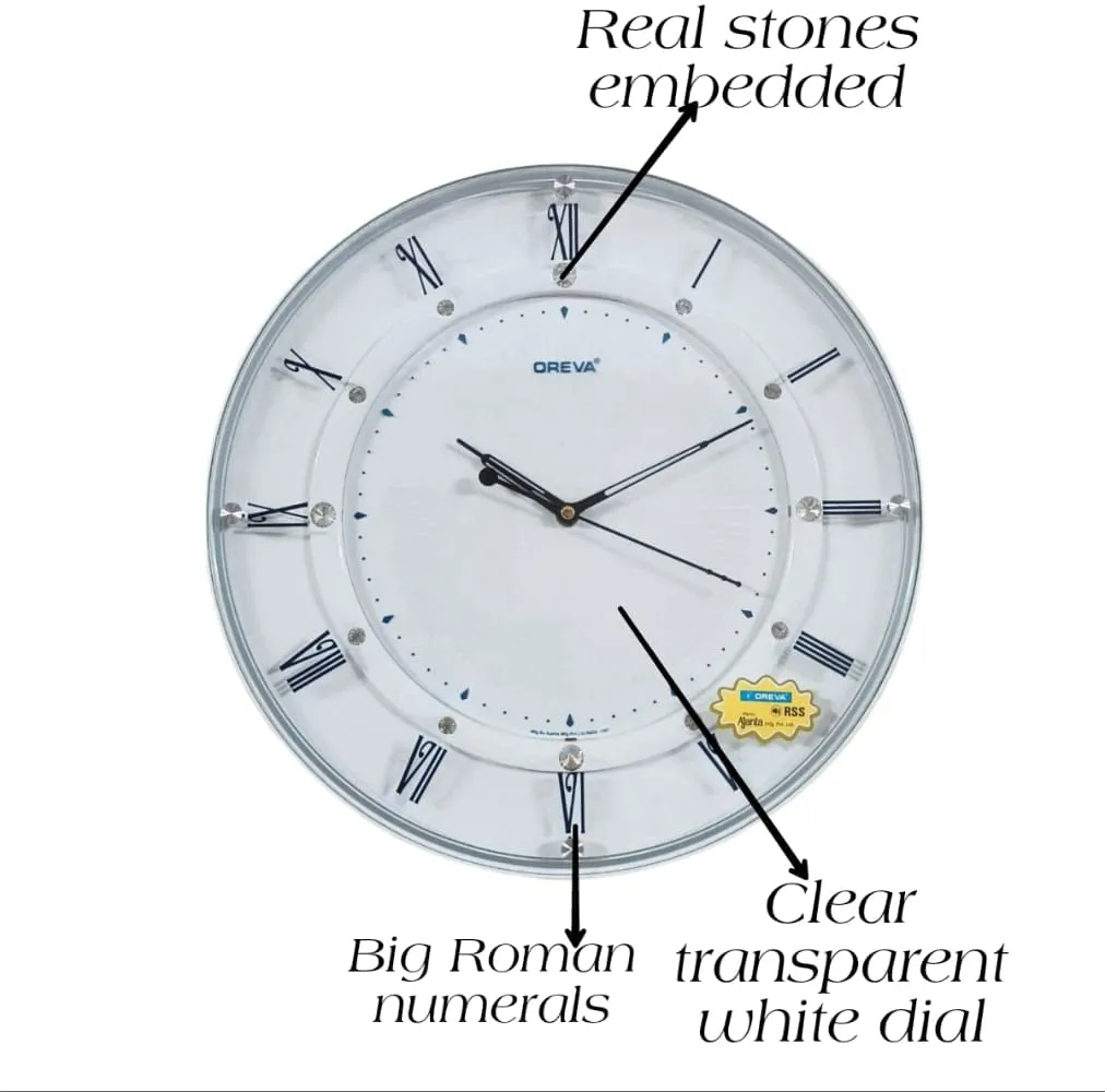 Elegance and Timelessness Combined: Oreva Unique Design Sweep Wall Clock - Exquisite Glass White Clock Adorned with Sparkling Stones