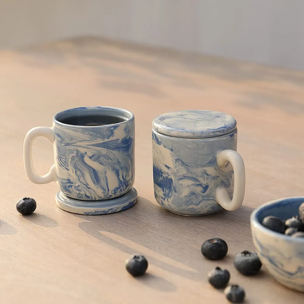 Ellementry Earth Ceramic Mug Set of 2 (150 ML) | Mugs for Coffee, Tea and Milk | Microwave Safe Cup Set | Cofee Mug with Lid for Office, Home and Travel | Chip Resistant | Birthday Gift (Pack of 2)