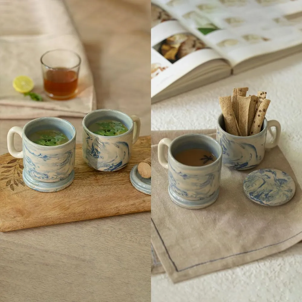 Ellementry Earth Ceramic Mug Set of 2 (150 ML) | Mugs for Coffee, Tea and Milk | Microwave Safe Cup Set | Cofee Mug with Lid for Office, Home and Travel | Chip Resistant | Birthday Gift (Pack of 2)