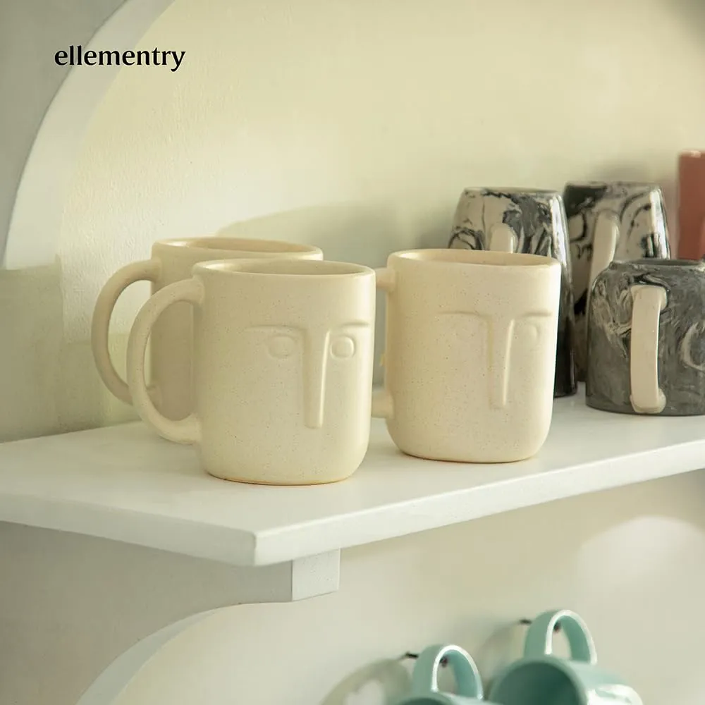 Ellementry Moai Ceramic Mug Set of 2 (350 ML) | Mugs for Coffee, Tea and Milk | Microwave Safe Cup Set | Cofee Mugs for Office, Home and Travel | Chip Resistant | Birthday Gift