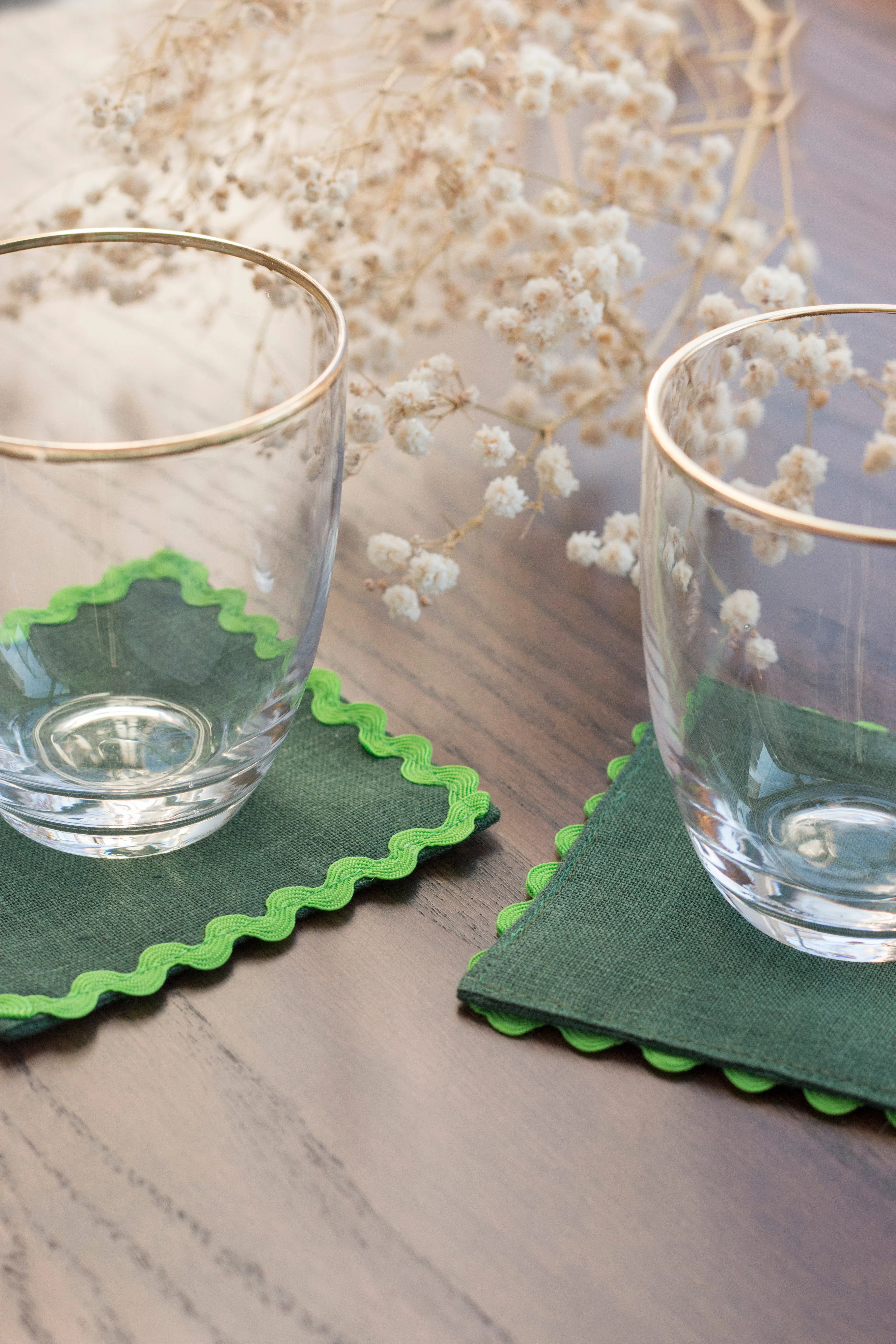 Emerald Green Linen Coasters With Green Rick Rack Trim
