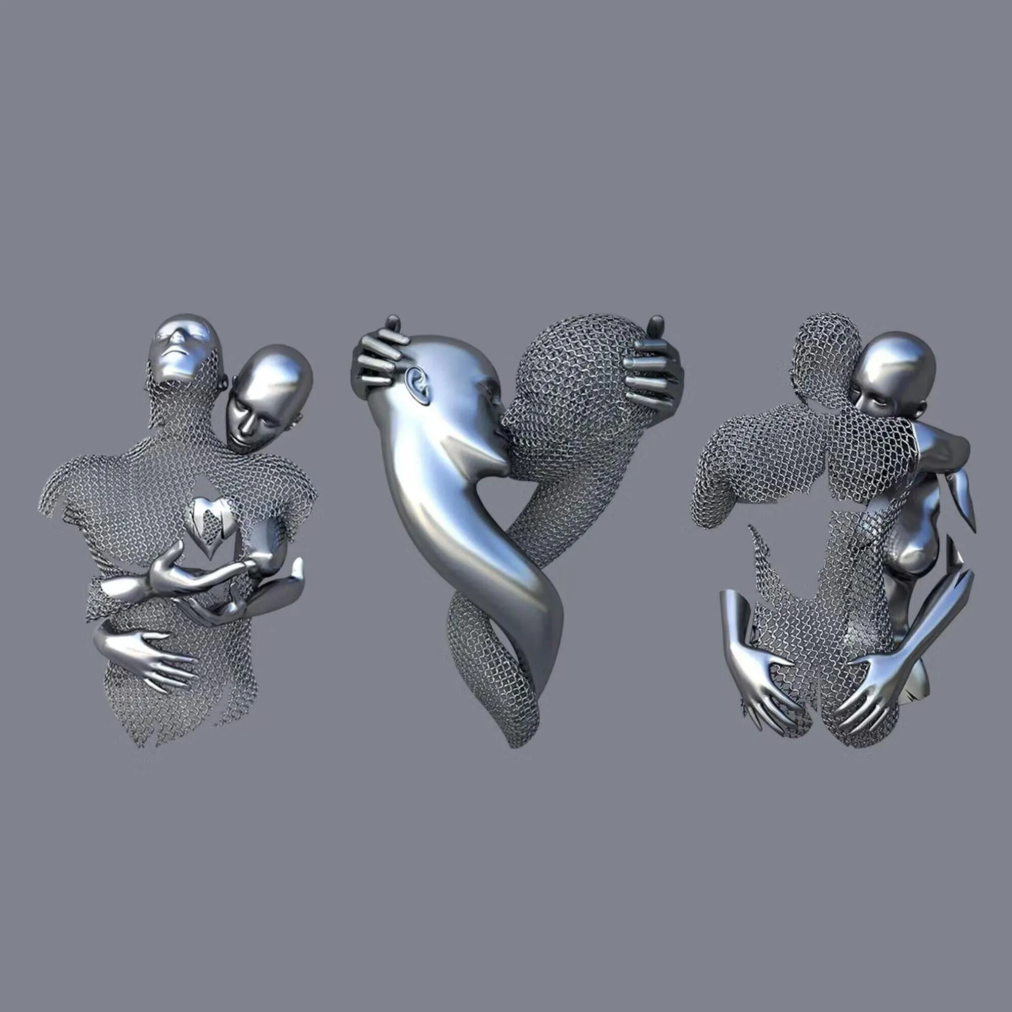 FINEST Love Heart Kissing Couples Hug 3 Pieces Wall Art Stainless Steel Sculptures FS-004