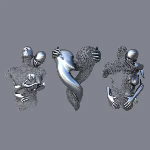 FINEST Love Heart Kissing Couples Hug 3 Pieces Wall Art Stainless Steel Sculptures FS-004