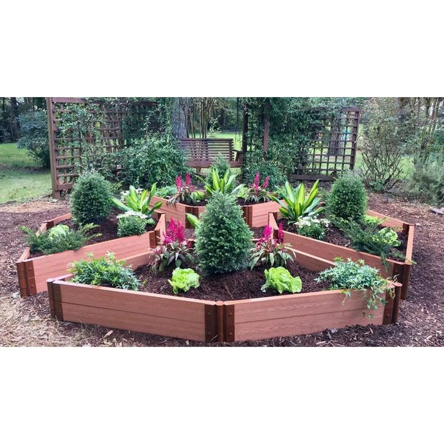 Frame It All | Tool-Free Elizabethan Garden Raised Garden Bed (4-Sided Triangle) 12' X 12' X 11" - Uptown Brown - 1" Profile