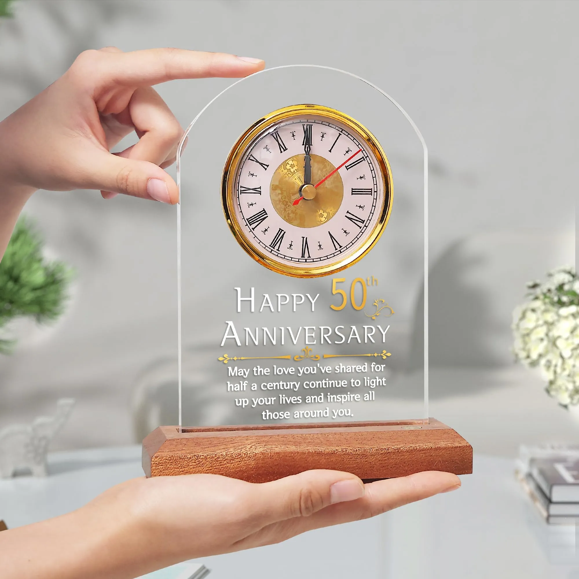 FULLOSUN 50th Anniversary Wedding Gift, Desk Table Clock, Anniversary Quartz Clock, 50 Years of Marriage, Golden Wedding for Couple, Parents, Grandparents (50th Anniversary)