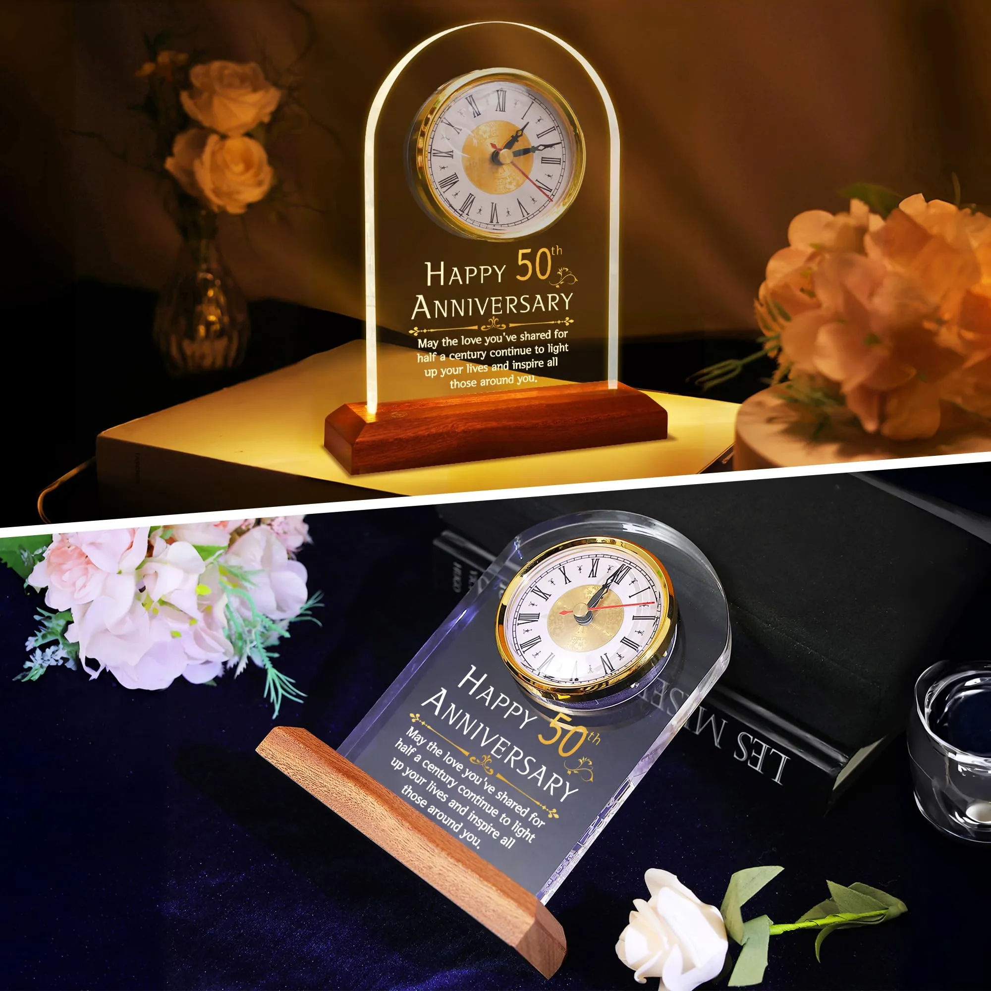 FULLOSUN 50th Anniversary Wedding Gift, Desk Table Clock, Anniversary Quartz Clock, 50 Years of Marriage, Golden Wedding for Couple, Parents, Grandparents (50th Anniversary)