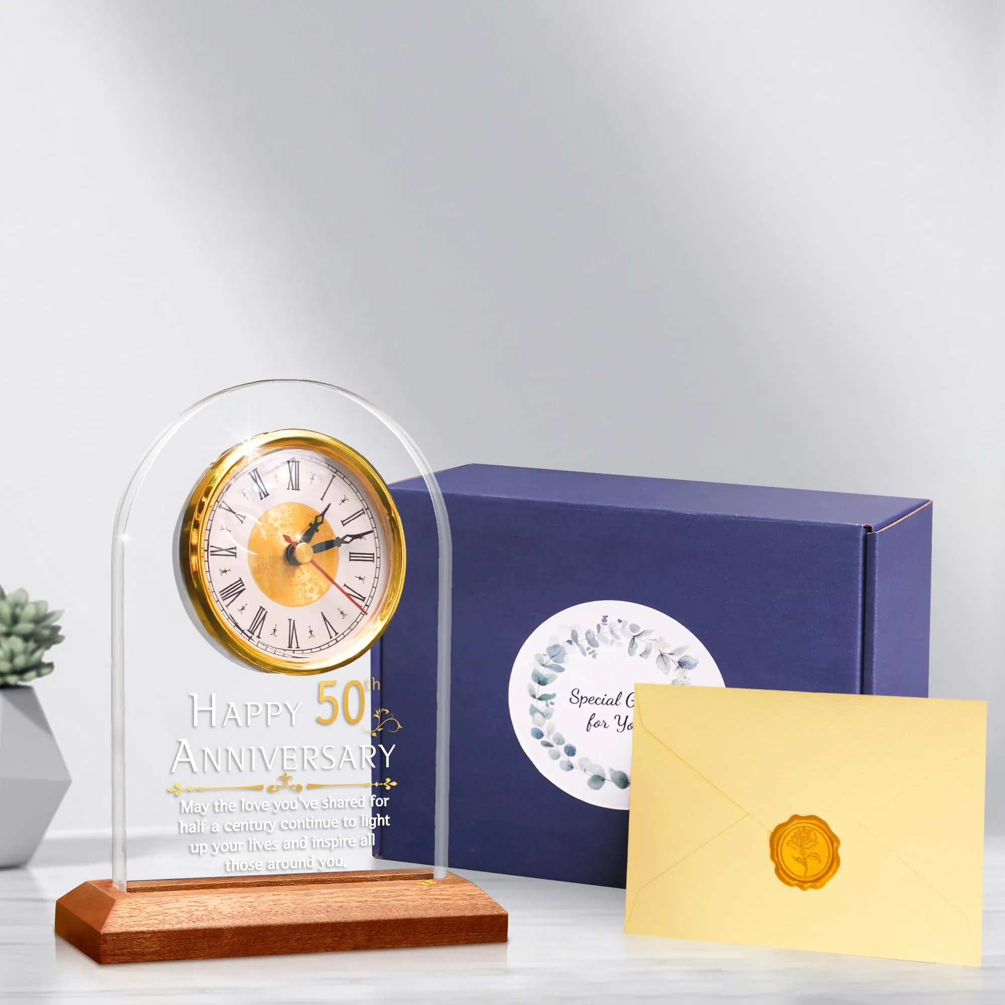 FULLOSUN 50th Anniversary Wedding Gift, Desk Table Clock, Anniversary Quartz Clock, 50 Years of Marriage, Golden Wedding for Couple, Parents, Grandparents (50th Anniversary)