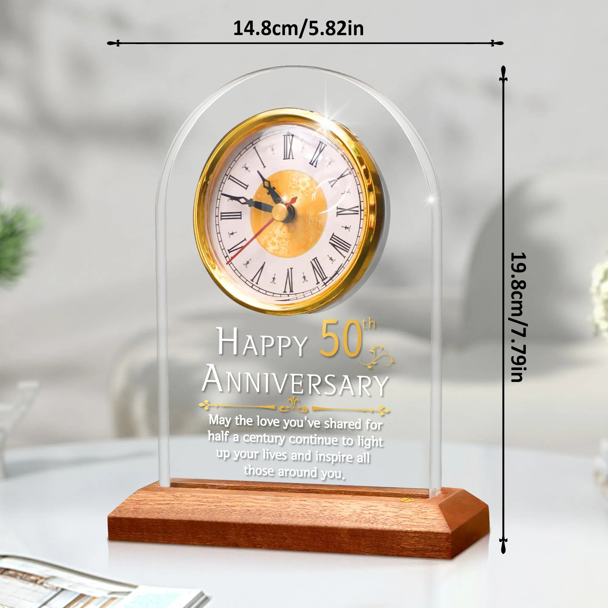 FULLOSUN 50th Anniversary Wedding Gift, Desk Table Clock, Anniversary Quartz Clock, 50 Years of Marriage, Golden Wedding for Couple, Parents, Grandparents (50th Anniversary)