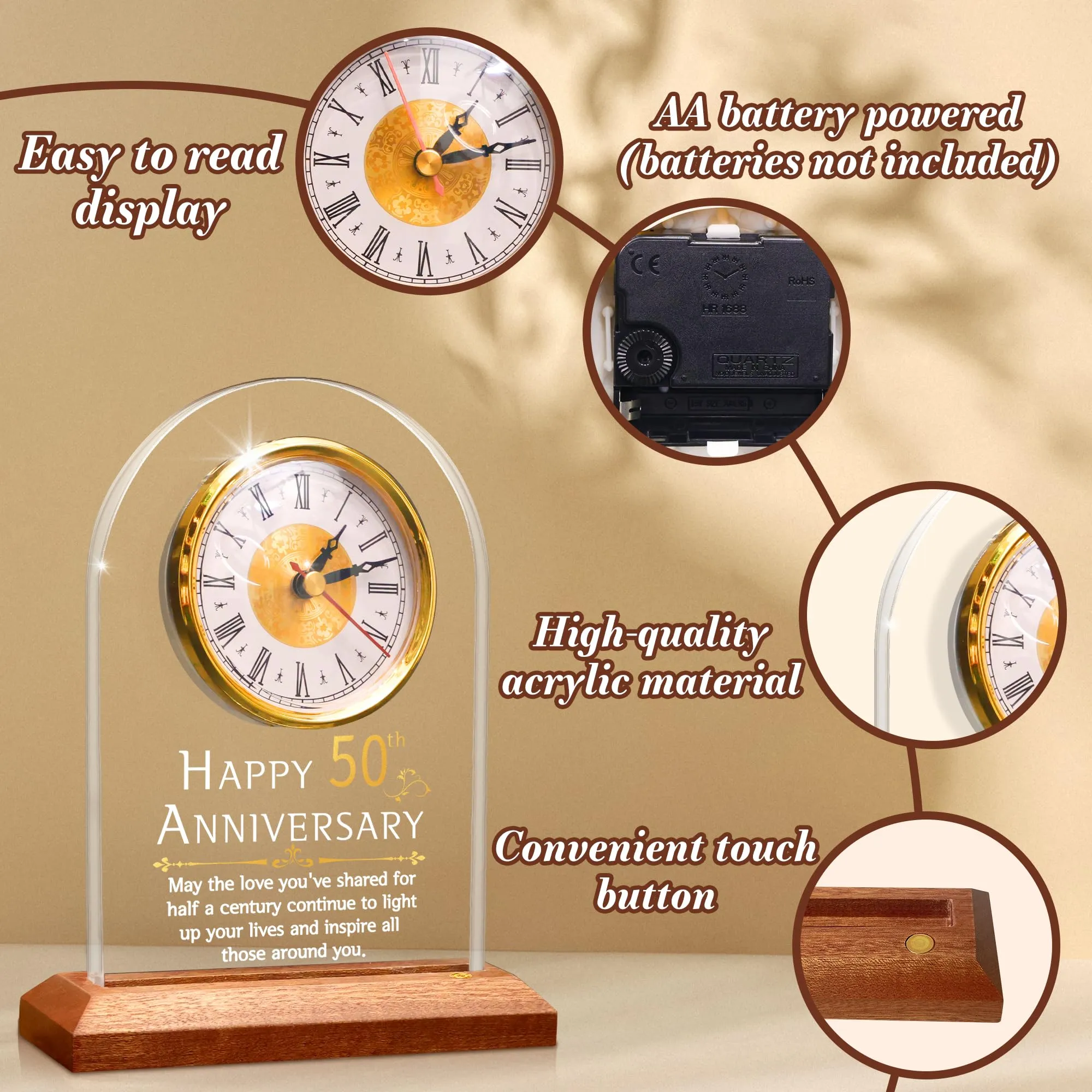 FULLOSUN 50th Anniversary Wedding Gift, Desk Table Clock, Anniversary Quartz Clock, 50 Years of Marriage, Golden Wedding for Couple, Parents, Grandparents (50th Anniversary)
