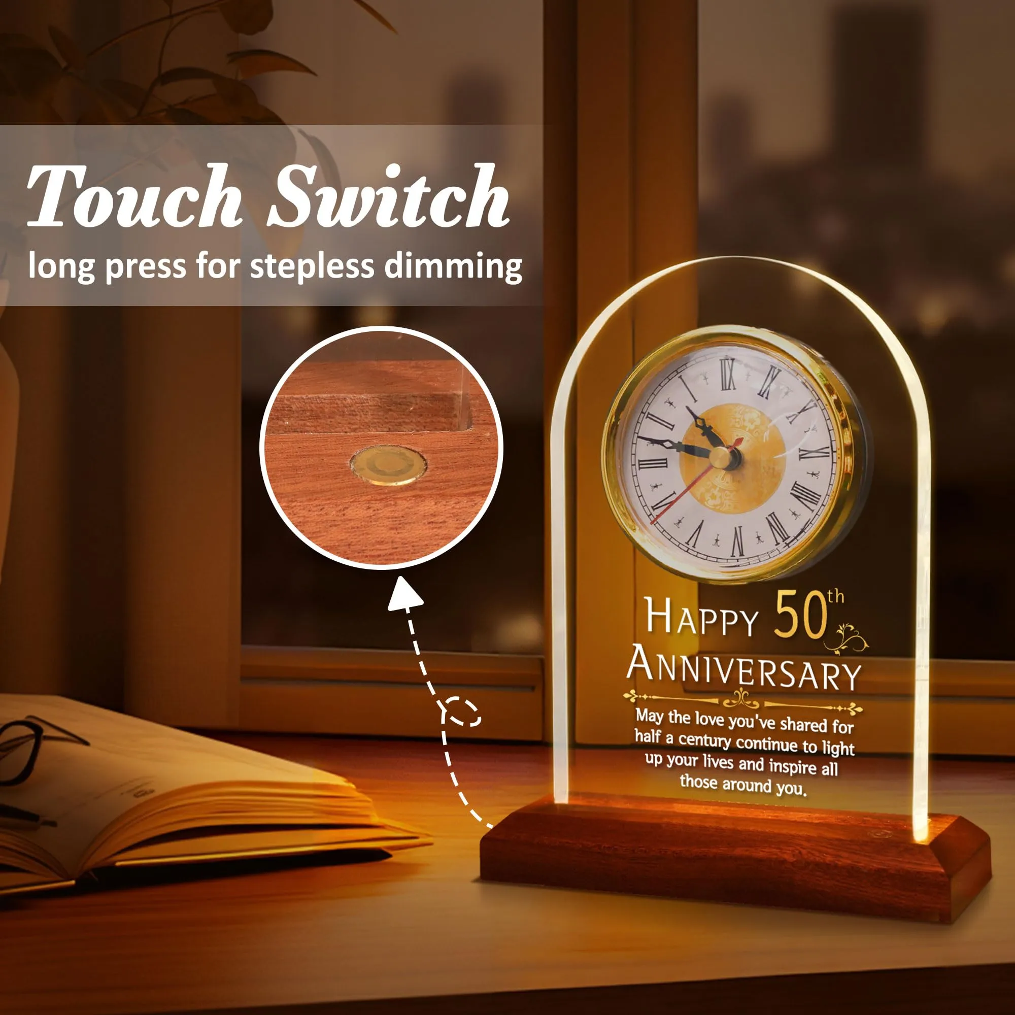 FULLOSUN 50th Anniversary Wedding Gift, Desk Table Clock, Anniversary Quartz Clock, 50 Years of Marriage, Golden Wedding for Couple, Parents, Grandparents (50th Anniversary)