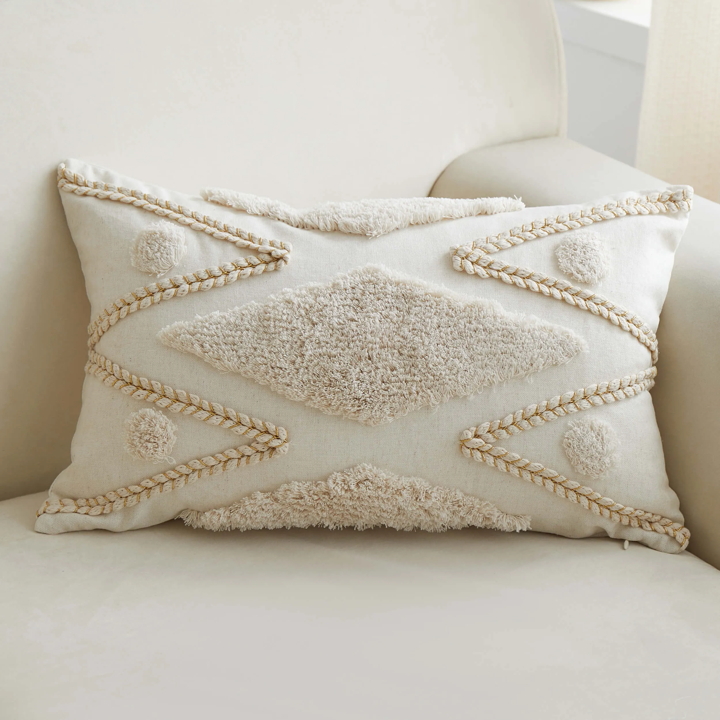 Geometric Tufted Lumbar Pillow, Ivory