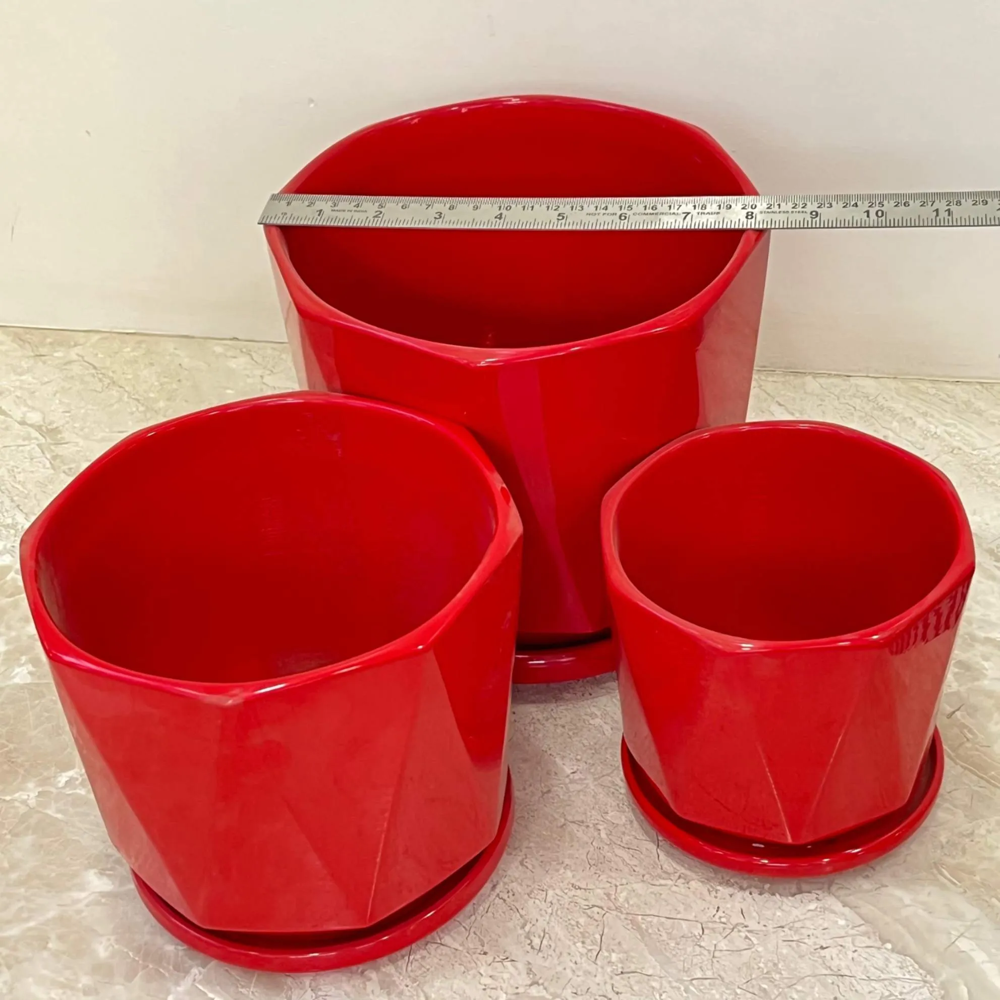 Glossy Red Ceramic Pots - Geometric Shape Set Of 3