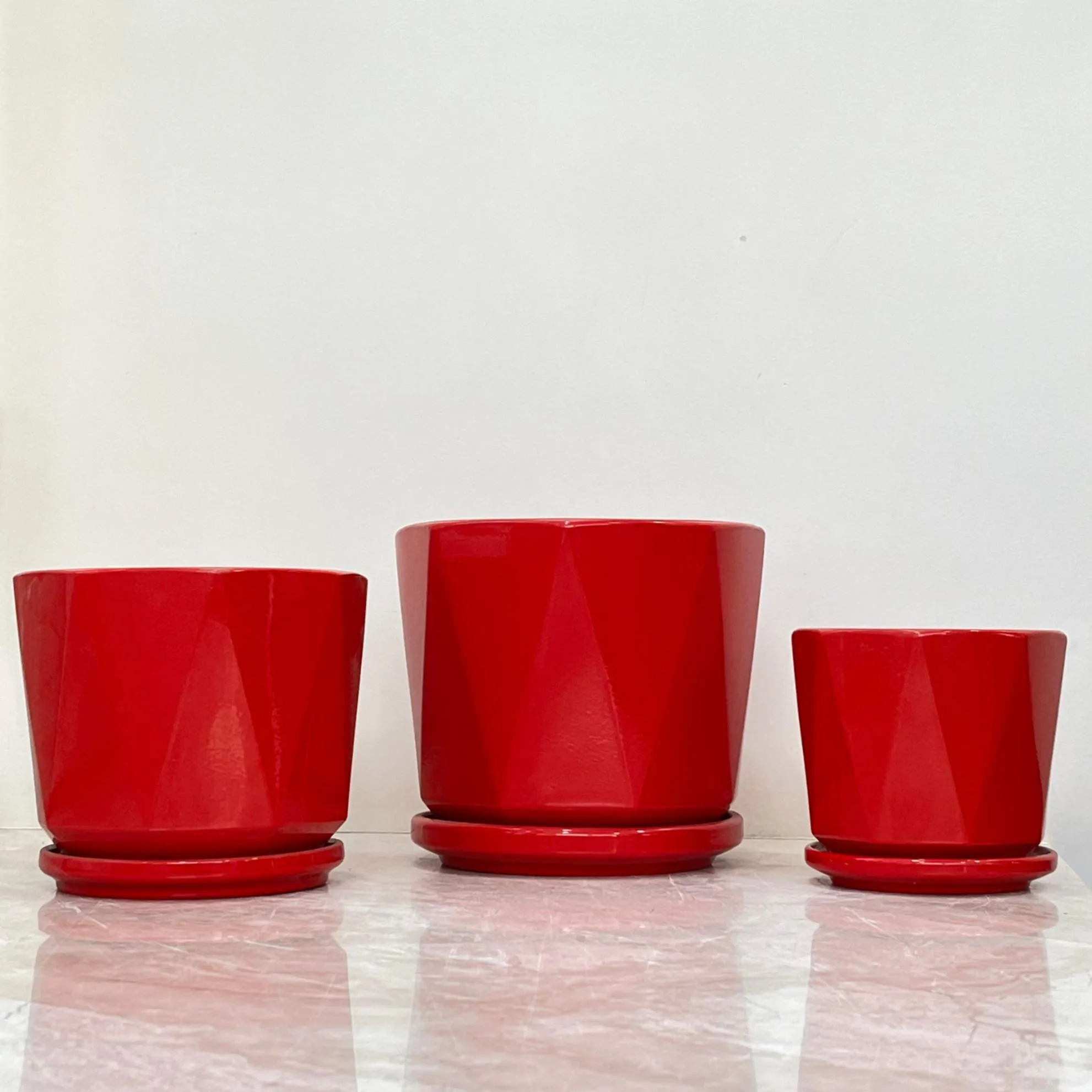 Glossy Red Ceramic Pots - Geometric Shape Set Of 3