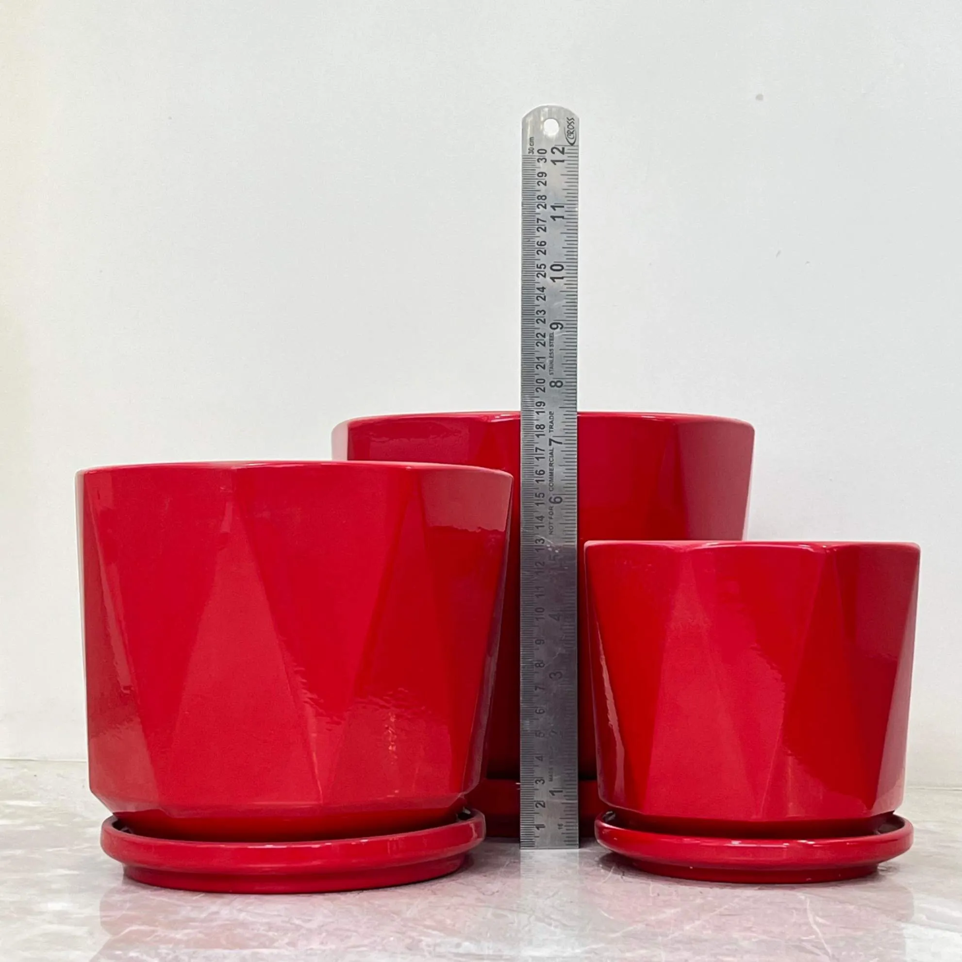 Glossy Red Ceramic Pots - Geometric Shape Set Of 3