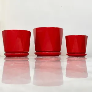 Glossy Red Ceramic Pots - Geometric Shape Set Of 3