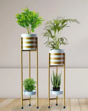 GOLDEN & WHITE DOUBLE BOWL PLANTER SET OF 2