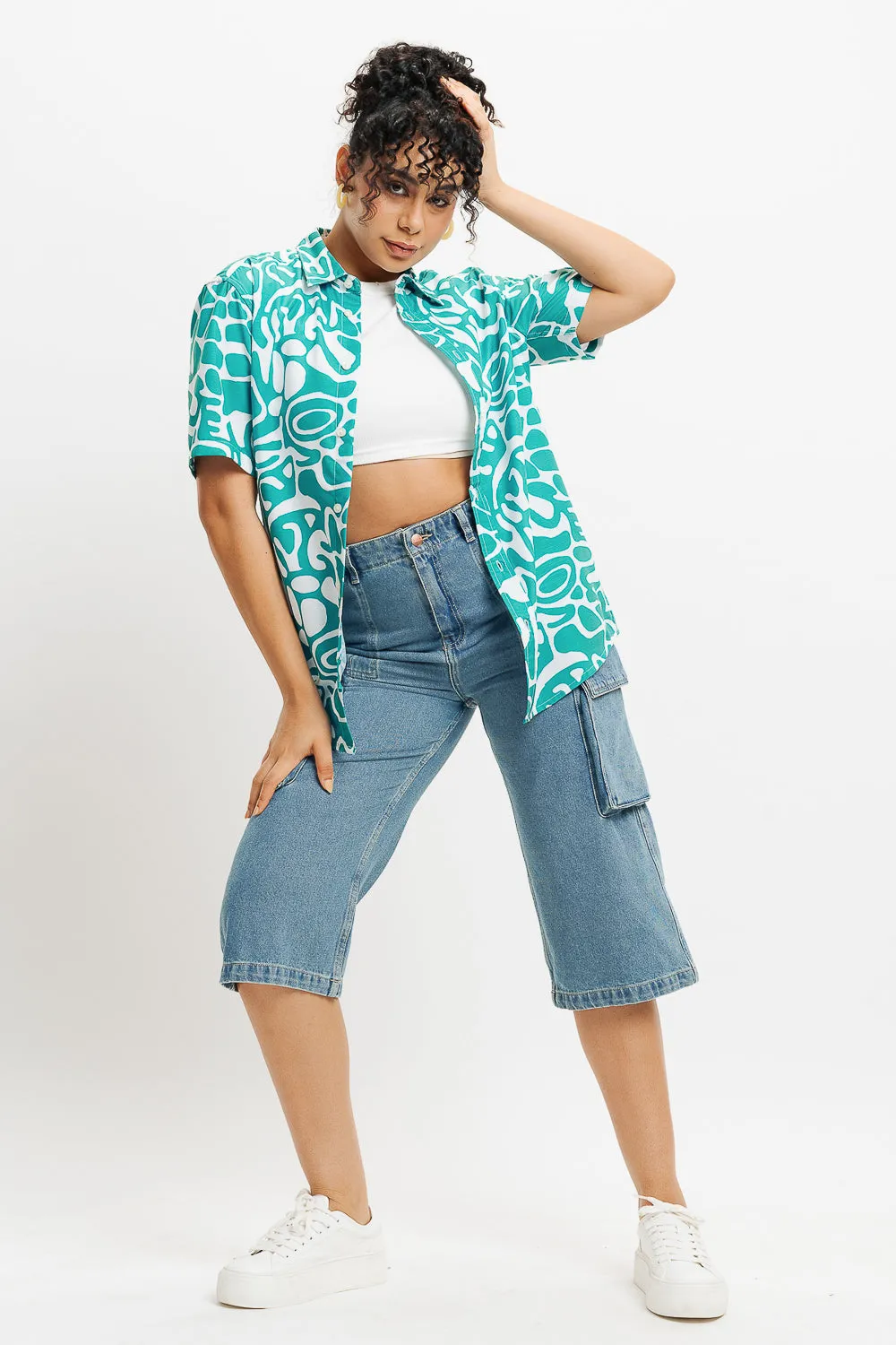 Green Abstract Print Women's Resort Shirt