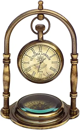 Handcrafted Brass Desk Clock Victoria London Compass Base Shelf Clock