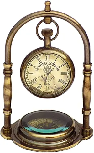 Handcrafted Brass Desk Clock Victoria London Compass Base Shelf Clock