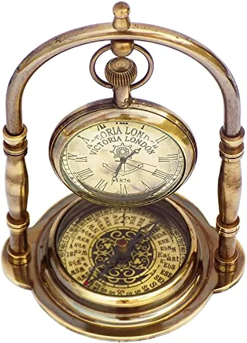 Handcrafted Brass Desk Clock Victoria London Compass Base Shelf Clock