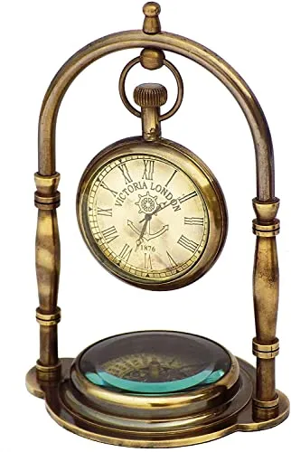 Handcrafted Brass Desk Clock Victoria London Compass Base Shelf Clock