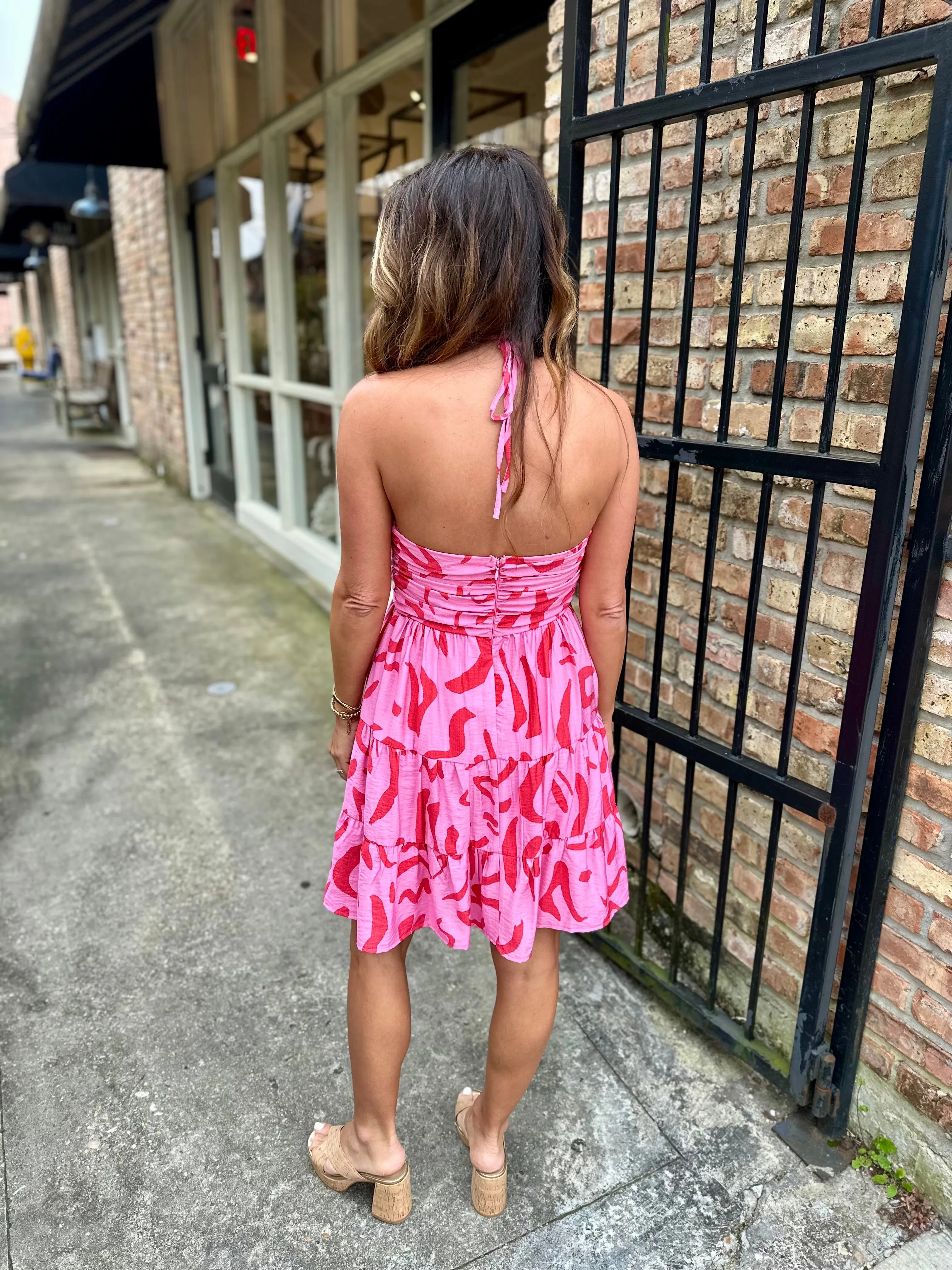 Hara Abstract Halter Mini Dress- Pink/Red