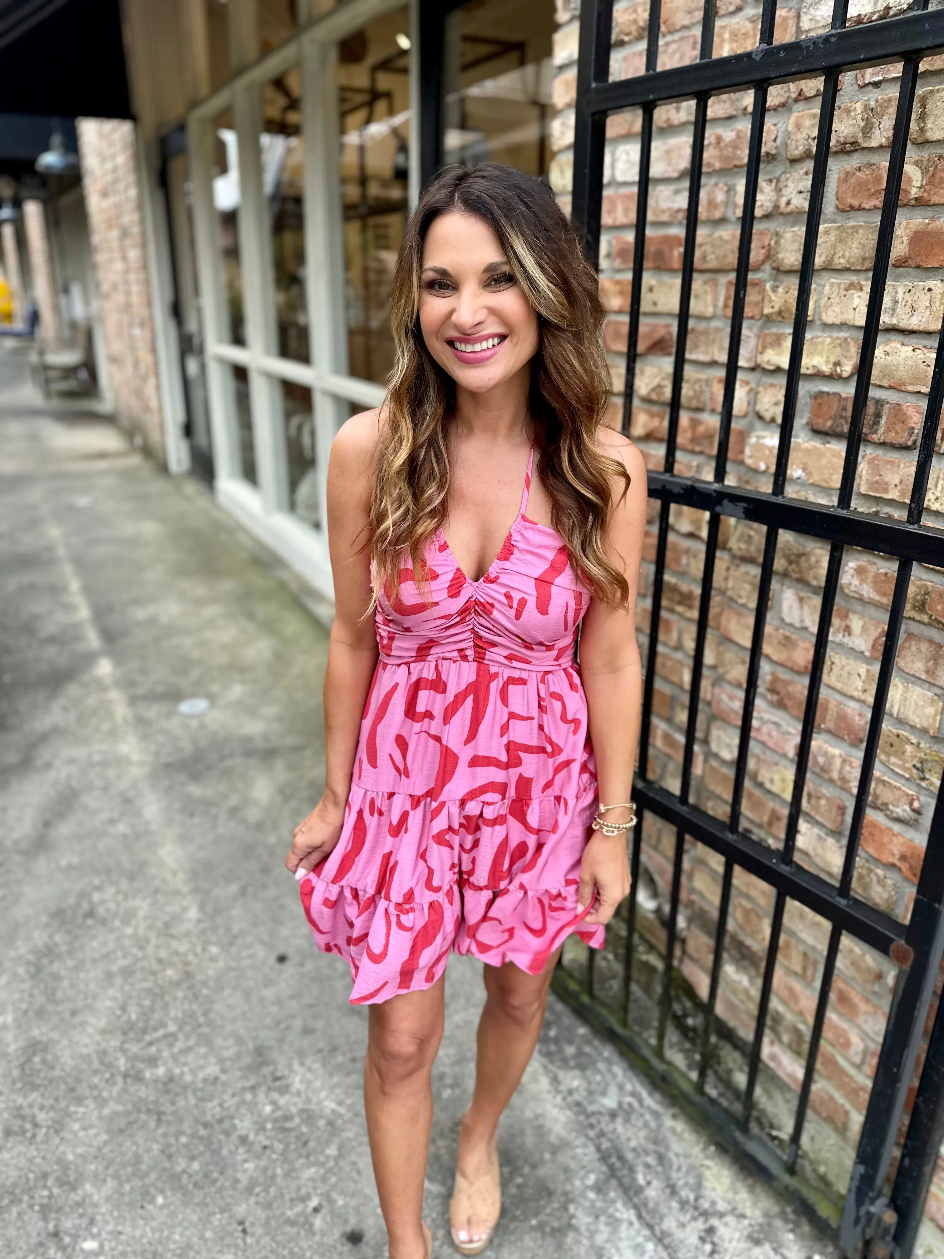 Hara Abstract Halter Mini Dress- Pink/Red