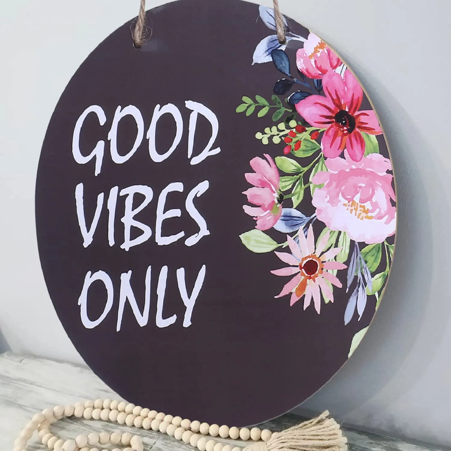 Heart Home Wall Hanging Quotes|Mdf Wooden Round Shaped Flower Print Plates For Kids Bedroom,Hall Entrance,Office,Pack of 2 (Black)