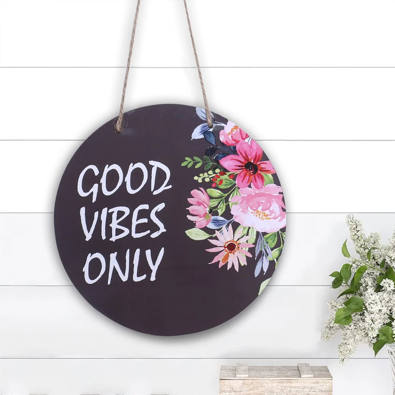 Heart Home Wall Hanging Quotes|Mdf Wooden Round Shaped Flower Print Plates For Kids Bedroom,Hall Entrance,Office,Pack of 2 (Black)