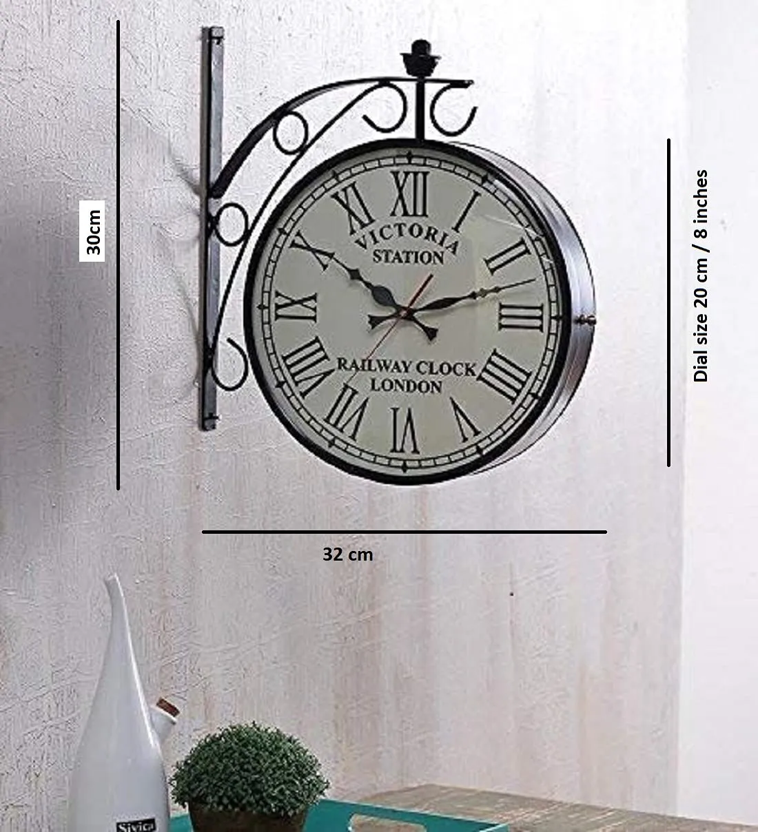 Honeymagic Option Gallery London Vintage Victoria Metal Double Sided Station Analog Wall Clock With Dial (White Dial, 8 Inches)