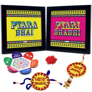 Indigifts Rakhi For Bhaiya Bhabhi | Pyara Bhai & Bhabhi Printed Multi 2 Poster Frames 6"x6", Pyara Bhaiya & Pyari Bhabhi Lumba Rakhi Set | Anniversary Gift, Rakshabandhan Gift for Sister in Law