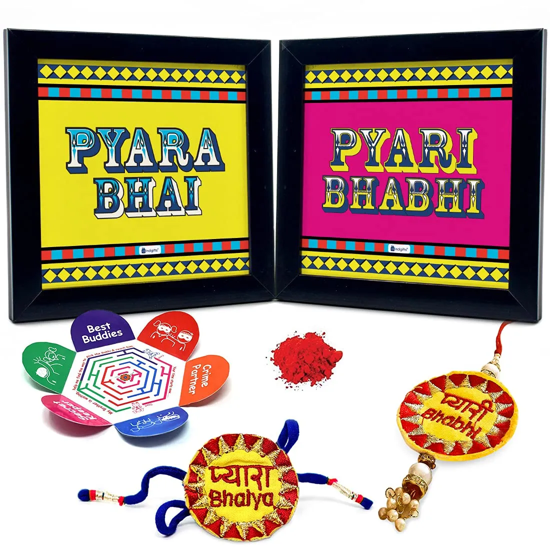 Indigifts Rakhi For Bhaiya Bhabhi | Pyara Bhai & Bhabhi Printed Multi 2 Poster Frames 6"x6", Pyara Bhaiya & Pyari Bhabhi Lumba Rakhi Set | Anniversary Gift, Rakshabandhan Gift for Sister in Law