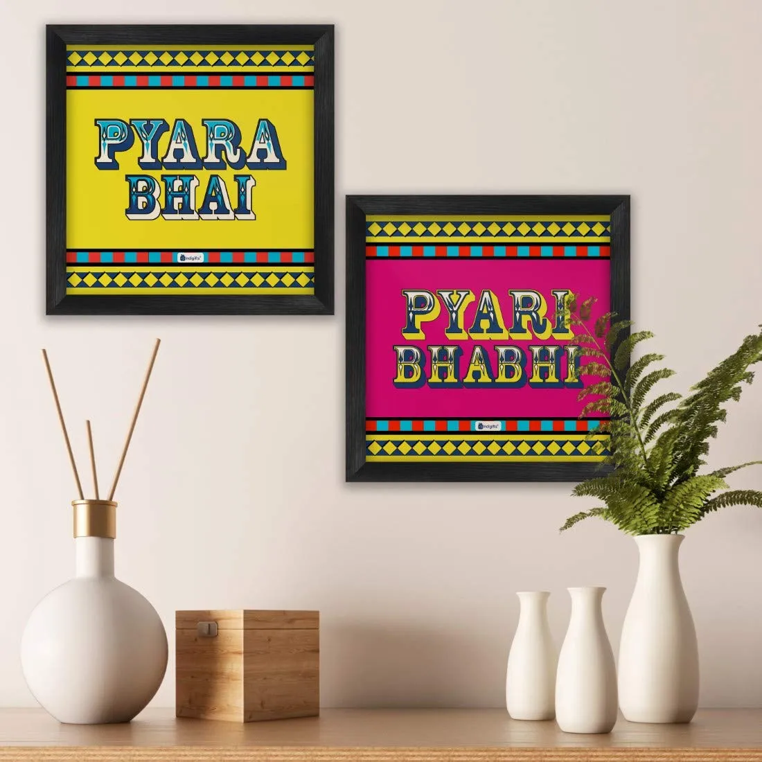 Indigifts Rakhi For Bhaiya Bhabhi | Pyara Bhai & Bhabhi Printed Multi 2 Poster Frames 6"x6", Pyara Bhaiya & Pyari Bhabhi Lumba Rakhi Set | Anniversary Gift, Rakshabandhan Gift for Sister in Law